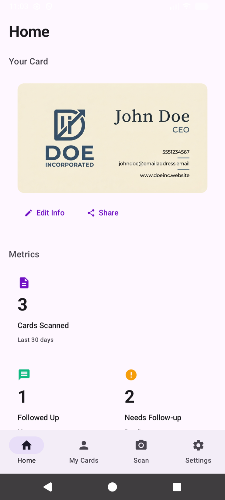 Arc Business Card Scanner home screen on Android