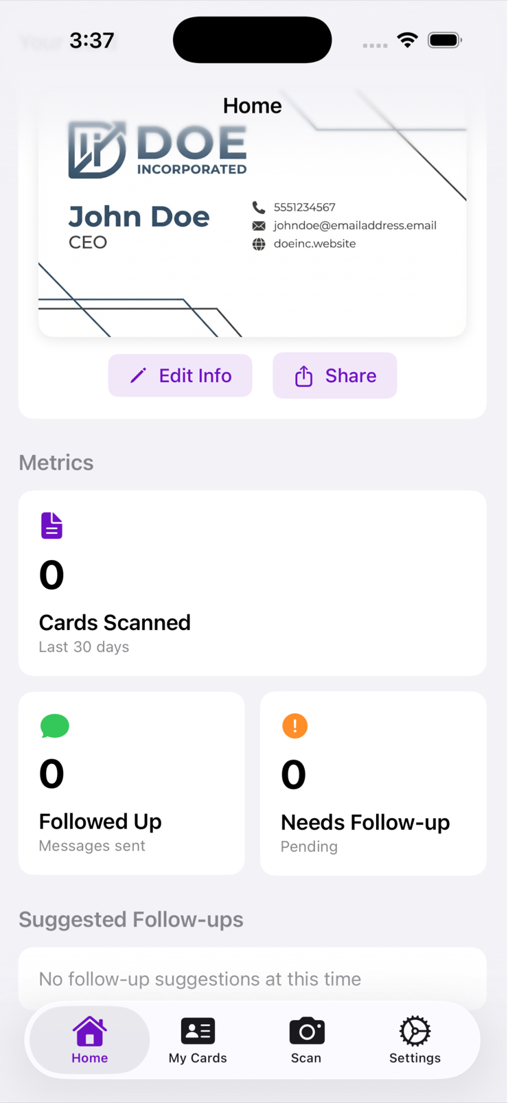 Arc Business Card Scanner home screen on iPhone showing your card and follow-up metrics