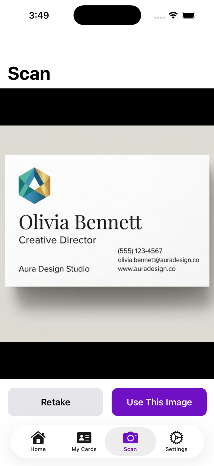 Scanning a business card in the app