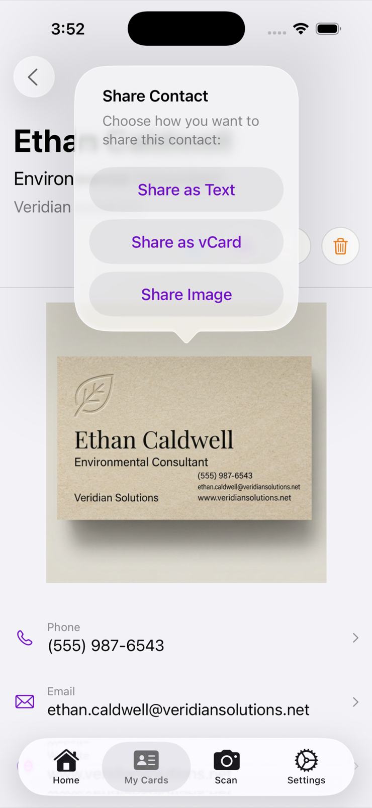 Sharing a contact as text, vCard, or image